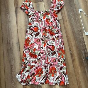 Storia Floral Puff-Sleeve Midi Dress in Pink, Red & Brown NWT. Size L